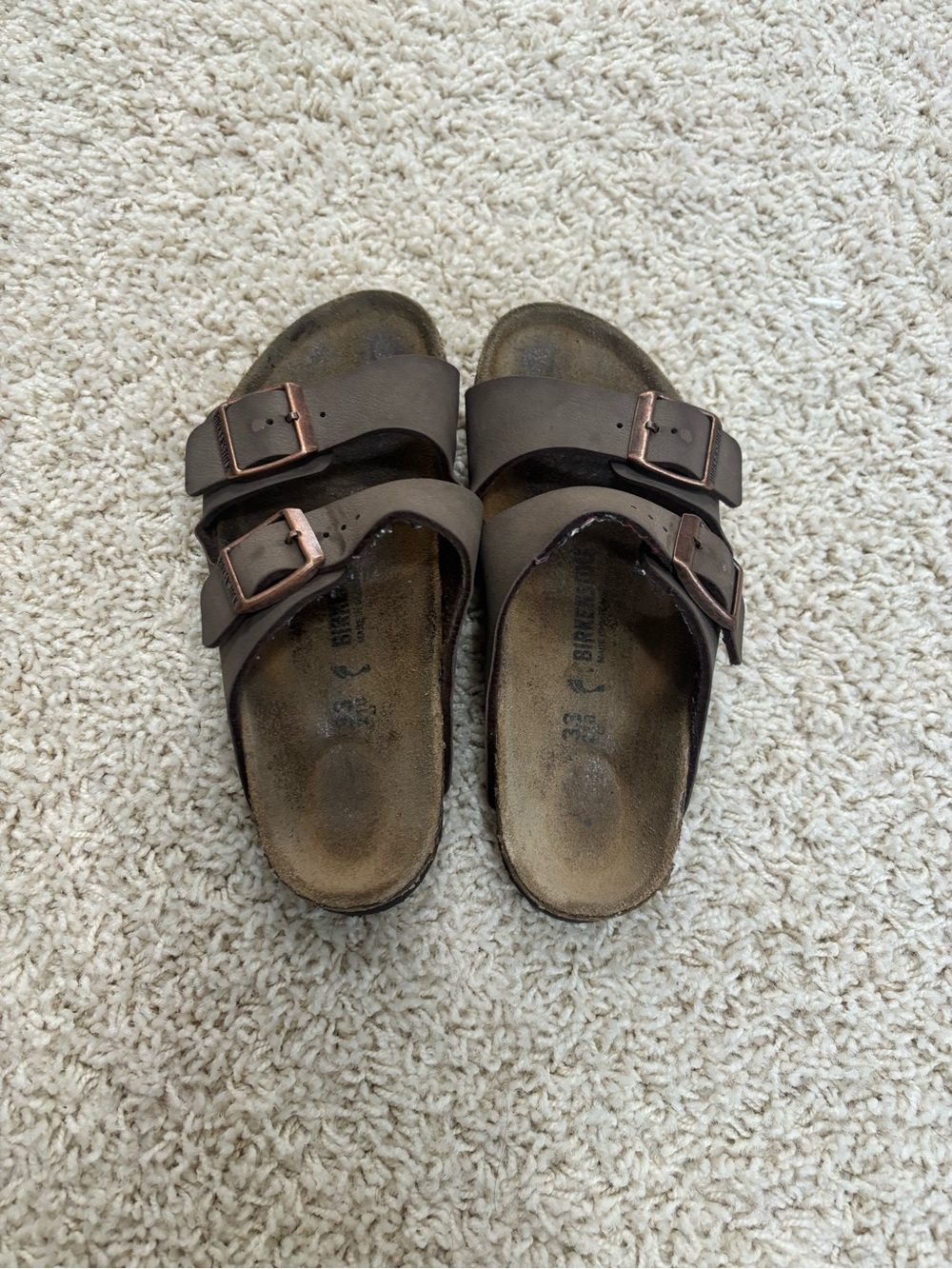 Birkenstock Kids Arizona Two-Strap Sandals in Dark Brown with Copper Buckles